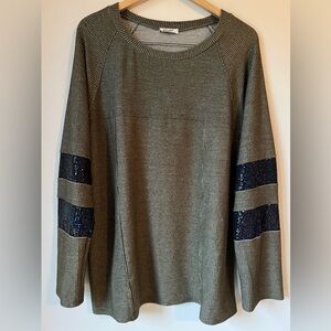 Blumin Apparel Dark Olive Gray Knit Deep Blue Sequins Long Sleeve Shirt Size 3X